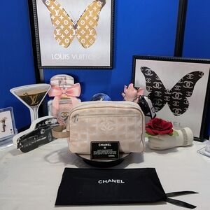 Chanel Travel Ligne Beige Checkered  Cosmetic Bag With COA